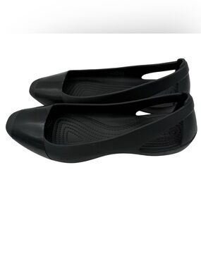 Crocs Sienna Shiny Flat Womens Size 7 Black Cap Toe Slip On 203301